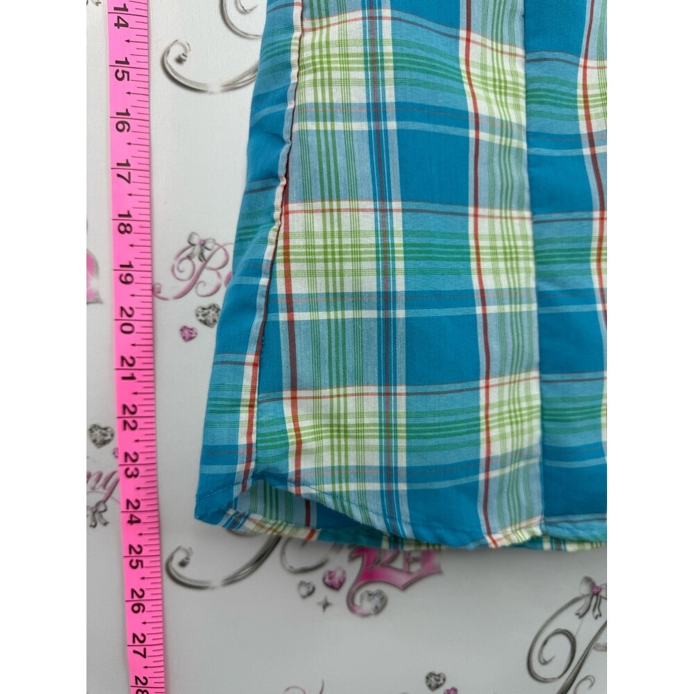 Majora T-shirt y2k Blue Plaid Button-Down Shirt stripes orange blue green white - Picture 3 of 9